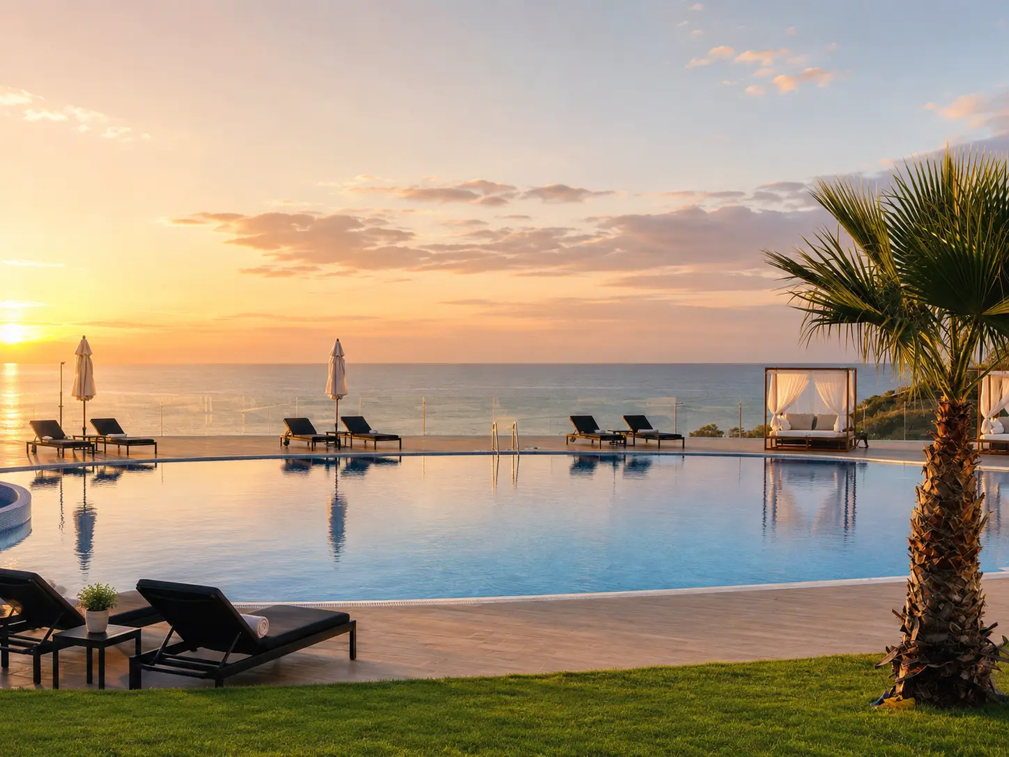 Piscina y tumbonas junto al mar al atardecer en el complejo
